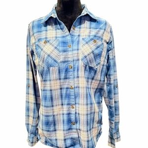 Carhartt Women's Blouse Blue White Plaid Long Sleeve Shirt Button Up Medium 8 10